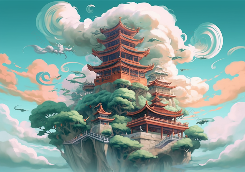 国潮古建筑云端创意插画背景,插画/手绘图,插画/手绘图库,插画/手绘图下载,插画/手绘